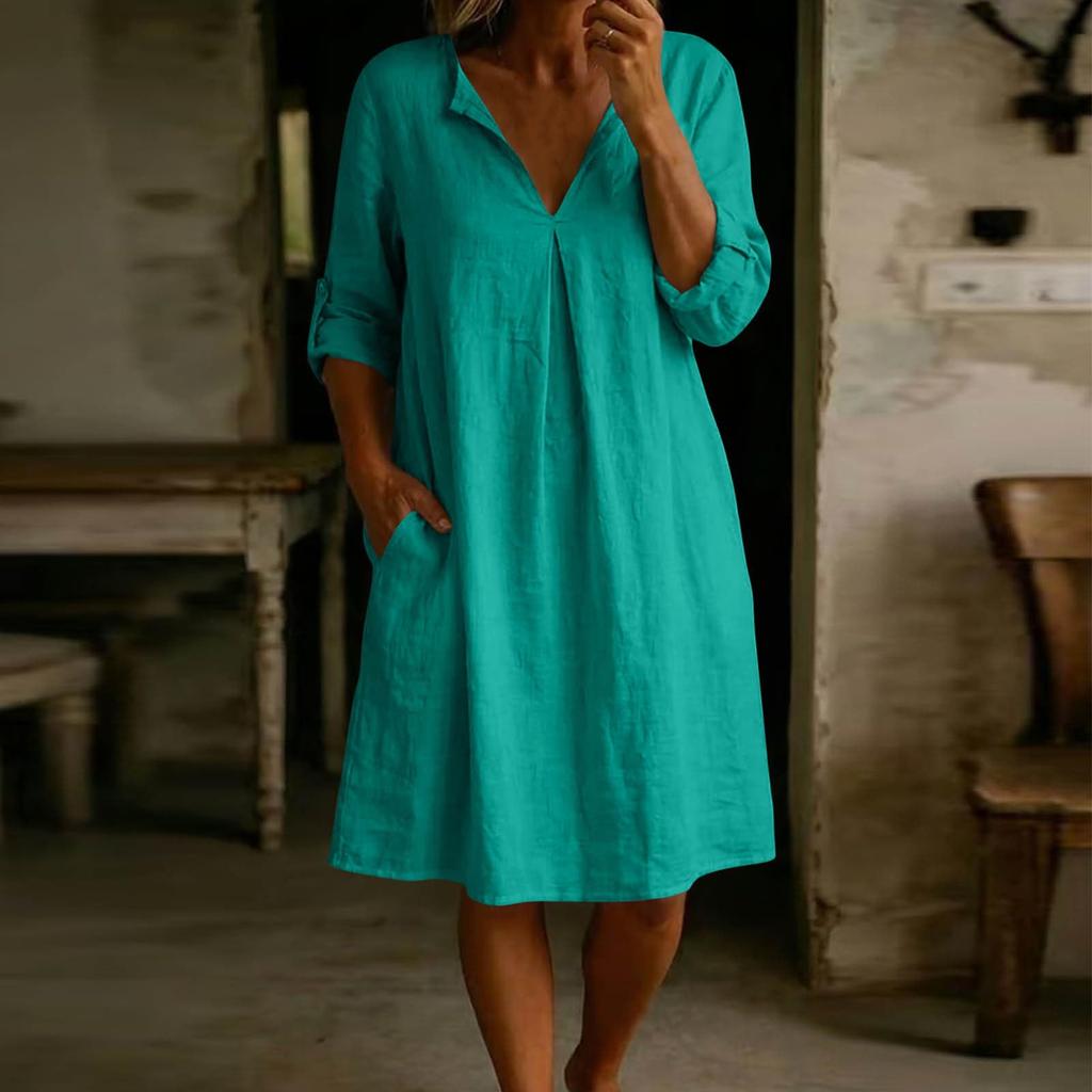 Women Casual Loose Fit V Neck Cotton Linen Dress with Three Quarter Sleeves and Side Pockets for Daily Wear Comfortable Style
