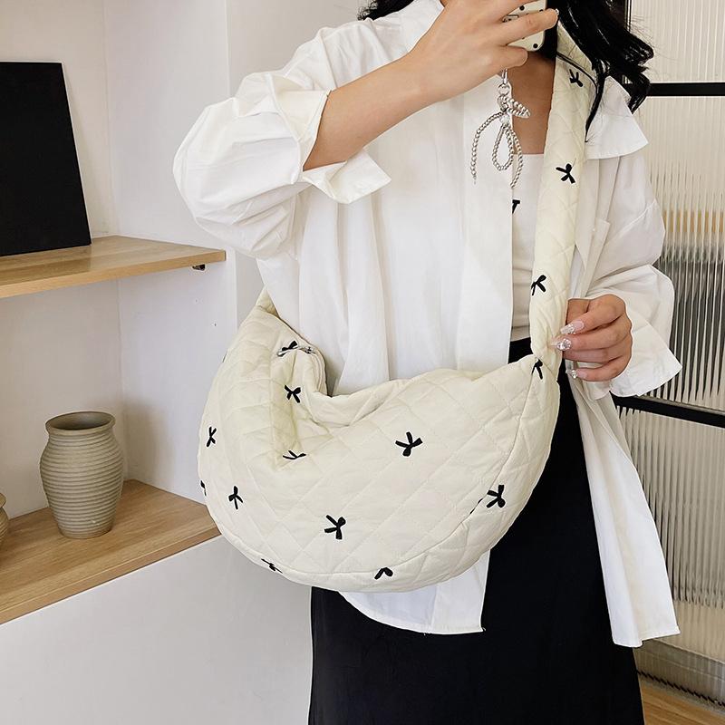 Women Nylon Bow Tie Crescent Crossbody Bag Large Capacity Quilted Dumpling Bag Padding Shoulder Bag Puffy Simple Satchel Bag CLE