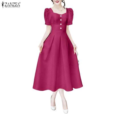 Women Casual Square Collar Summer Short Sleeve Dress