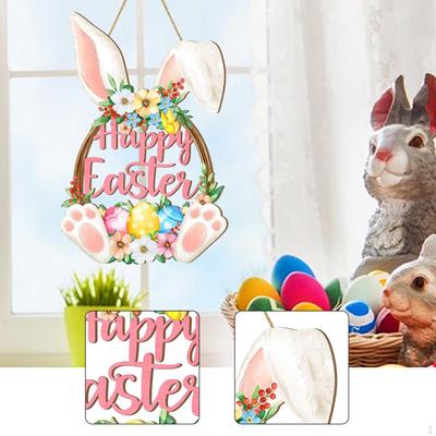 Easter Bunny Door Sign Hanger Wall Art Decor Floral Spring Eggs Hanging Plaque for