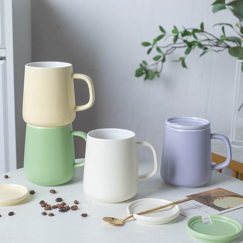 Nordic Ceramic Ns Wind Mug Creative with Lid with Spoon Water Cup Simple Coffee Cup Solid Color Cream Wind Matte