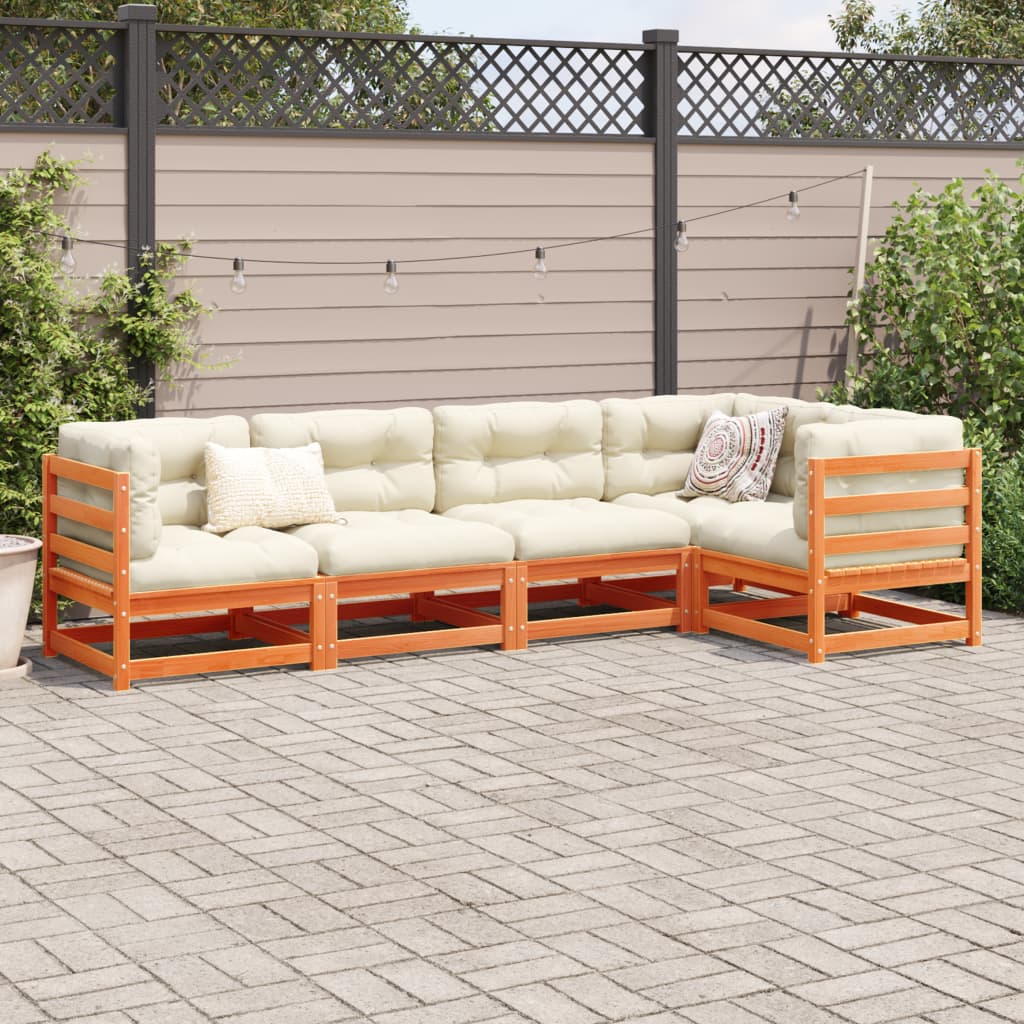 5 Piece Garden Sofa Set with Cushions Wax Brown Pine Wood