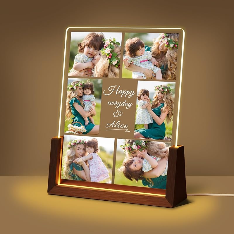 Personalized Mothers Day Unique Gifts for Mom Wife, Mom Gifts from Daughter Son Husband, Custom Acrylic Night Light Picture Frame with Photo Name,