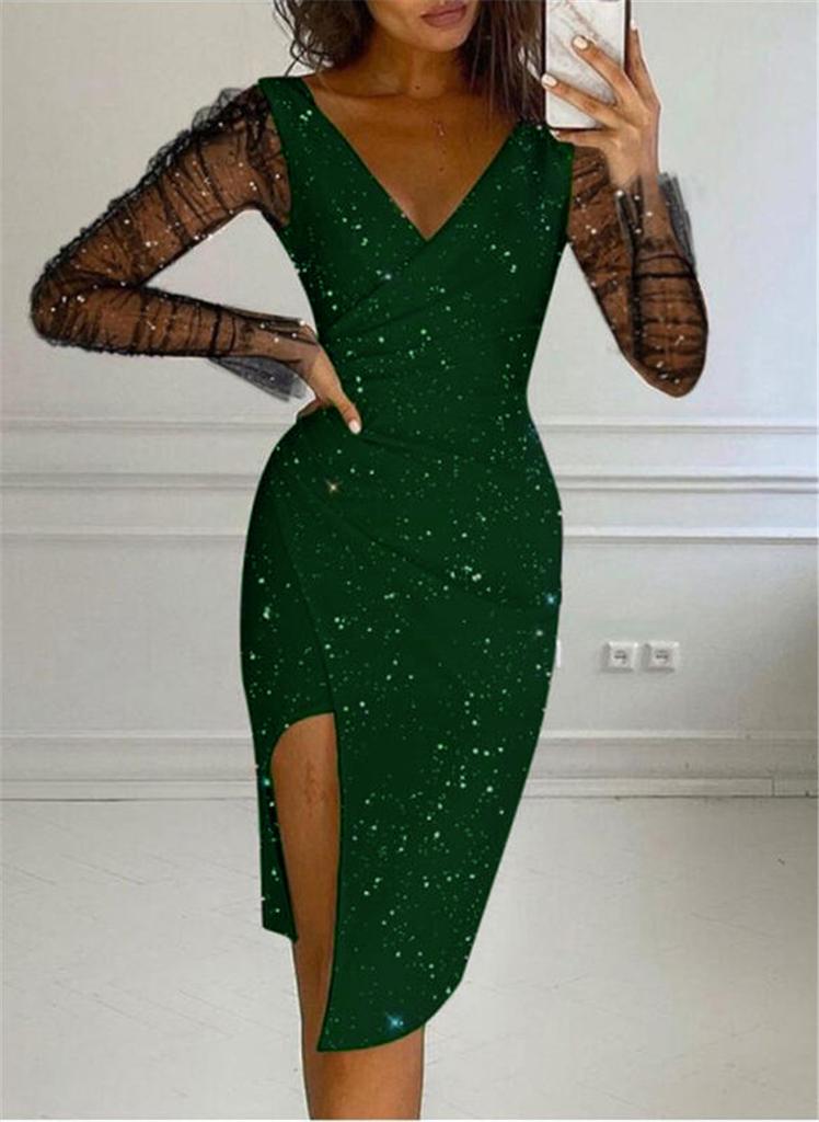 2023 autumn and winter cross-border women's clothing Amazon wish hot diamond V-neck hip wrap sexy mesh dress dress dress women