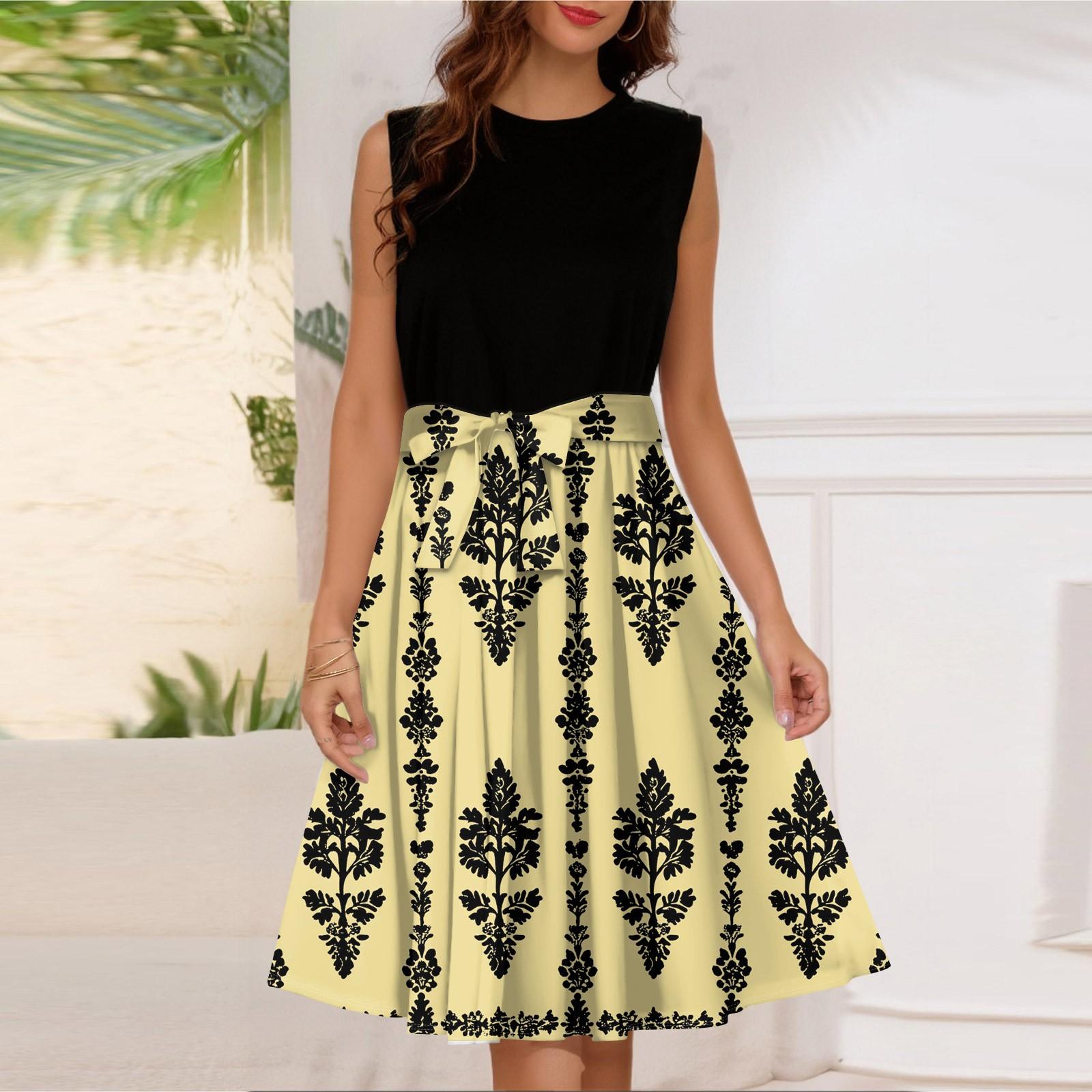 

Women s Fashion Casual Lace-up Sleeveless Round Neck Splicing Short Dress XL жовтий