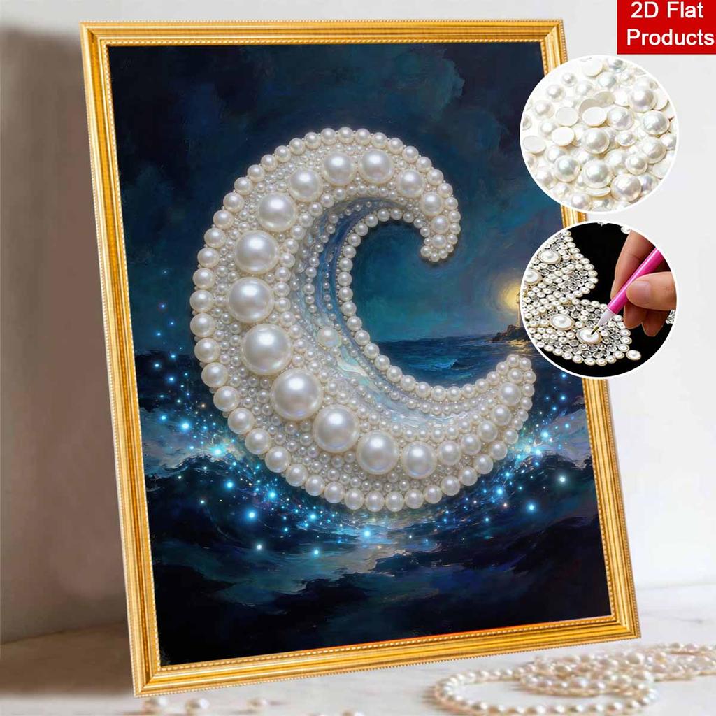Glowing Pearl Crescent Moon and Lighthouse Diamond Painting Art Kit. DIY Gemstone Beading Craft Kit. Ocean Night Scenery Home Wall Decoration