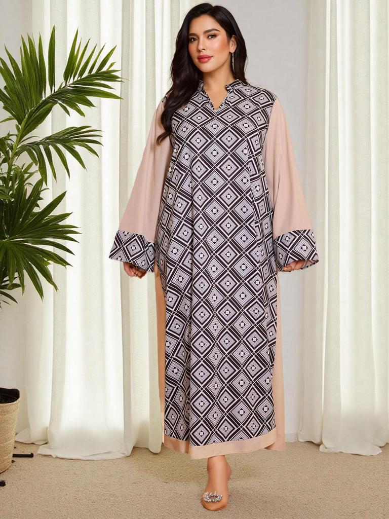 Plus Size Middle Eastern Ethnic V-Neck Printed Patchwork Long Dress