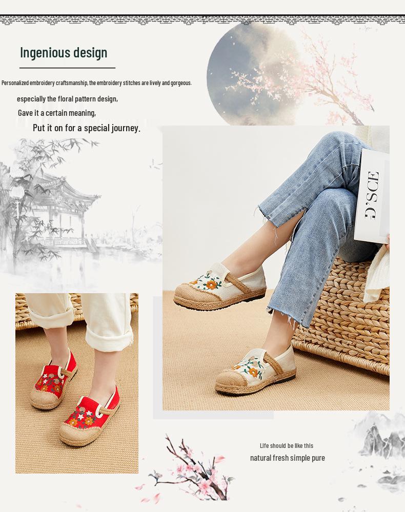 2025 Spring Women's Ethnic Style Linen Embroidered Low-Top Flats
