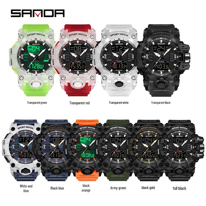 Sanda Men's Green Light Multifunctional Electronic Watch - Fashionable, Waterproof, Shockproof, Transparent Alarm Clock