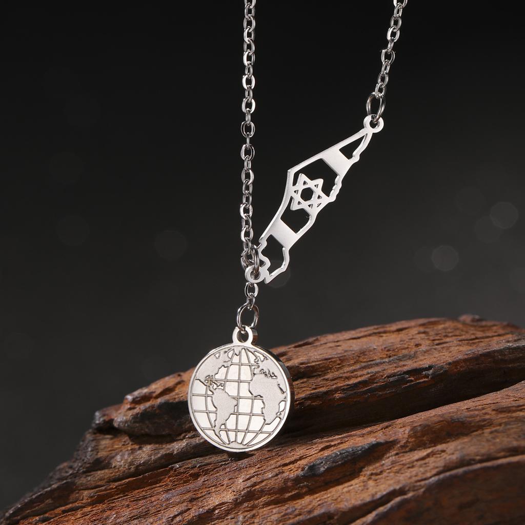 LIKGREAT World Map Israel Star of David Pendant Necklaces for Women Men Earth Globe Round Stainless Steel Necklace Jewelry Gifts