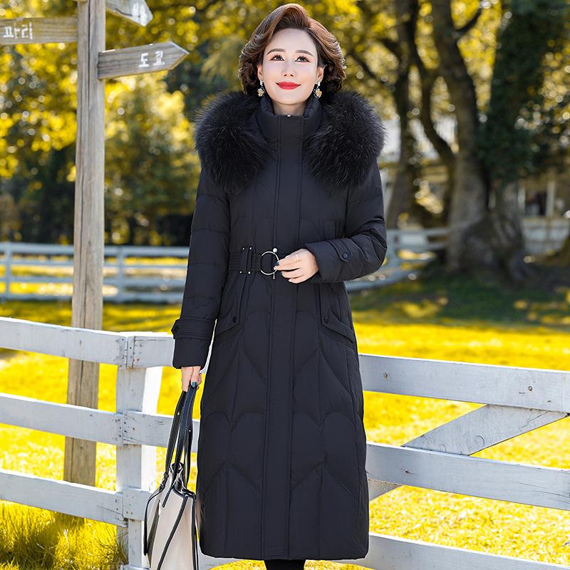 Middle-aged and elderly thickened down jackets for women's medium and long mother over the knee winter clothing extremely cold high-end big fur collar