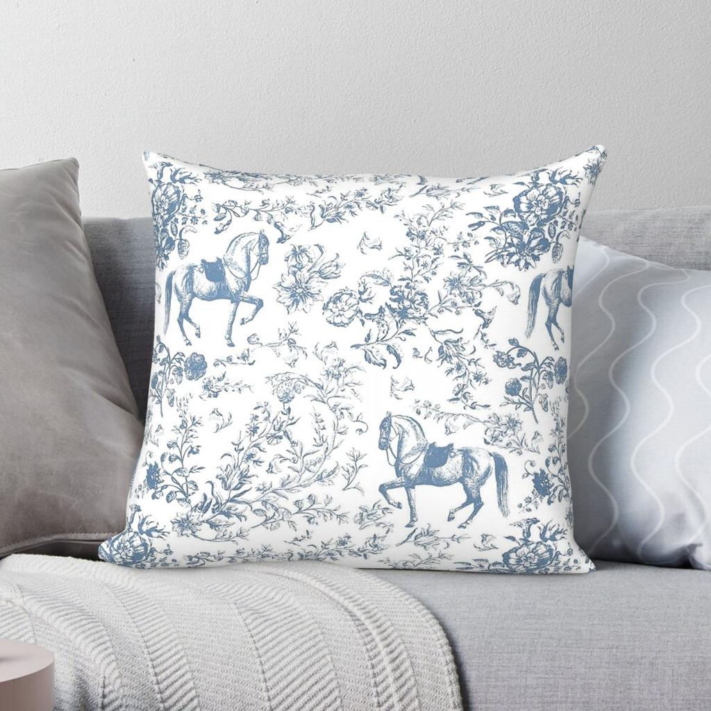 Blue Floral Toile With Horses Square Pillowcase Polyester Linen Velvet Creative Zip Decorative Sofa Seater Cushion Cover X
