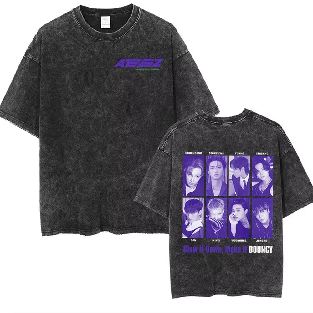 Ateez 2025 World Tour in Your Fantasy Tour Cherry Vintage Washed T Shirt Korean Kpop Fashion T-shirt Men's Women Cotton T-shirts