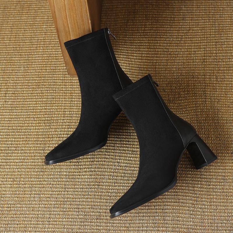 Autumn Winter Square Toe Women High Heel Ankle Boots Fashion Stripper Party Shoes Female Vintage Stretch Slim Short Booties