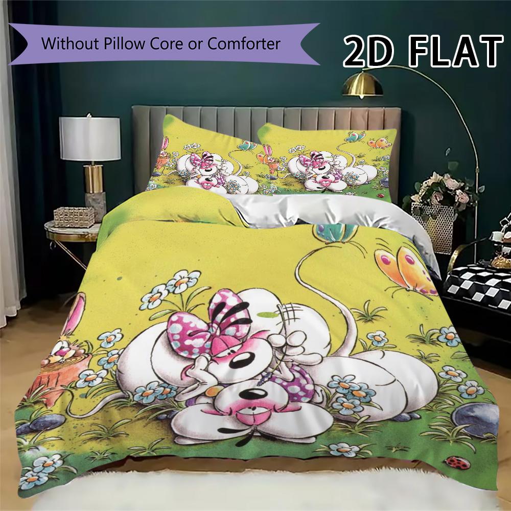 Diddl Pattern Bedding Uilt Set Uilt Cover Pillowcase Home Decoration Birthday Gift (1 * Duvet Cover + 2 * Pillowcase  Without Core)