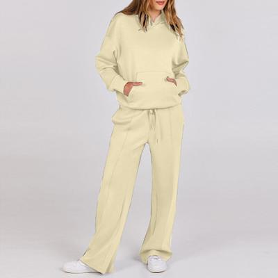 2 Pcs/Set Women Hoodie Pants Suit Solid Color Long Sleeves Hooded Top Elastic Waist Straight Wide Leg Trousers Sport Fitness Outfit Fall Winter