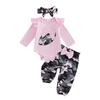 Baby Mädchen 2-teiliges Outfit Set Kurzarm Rundhalsausschnitt Blumenprint Strampler Rüschenshorts Schleifen-Haarband Sommerkleidung