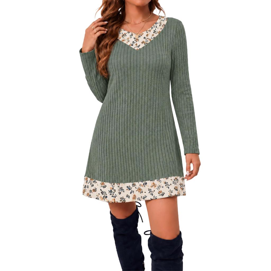 Tunica Casual da Donna a Girocollo a Manica Lunga con Patchwork a Quadri di Media Lunghezza