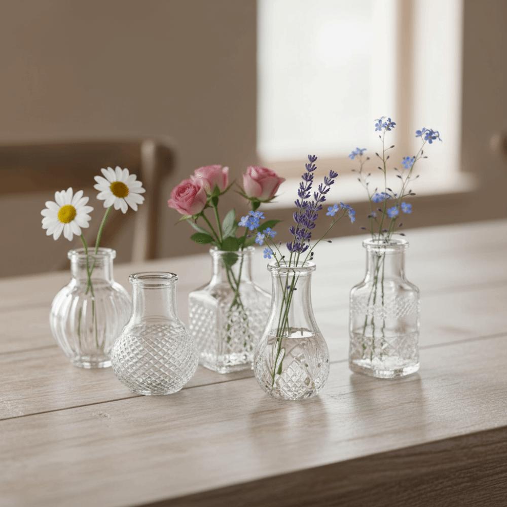 10PCS/SET Retro Relief Mini Glass Vase Crystal Clear Flower Vase Small Vase Set  Desktop Ornament