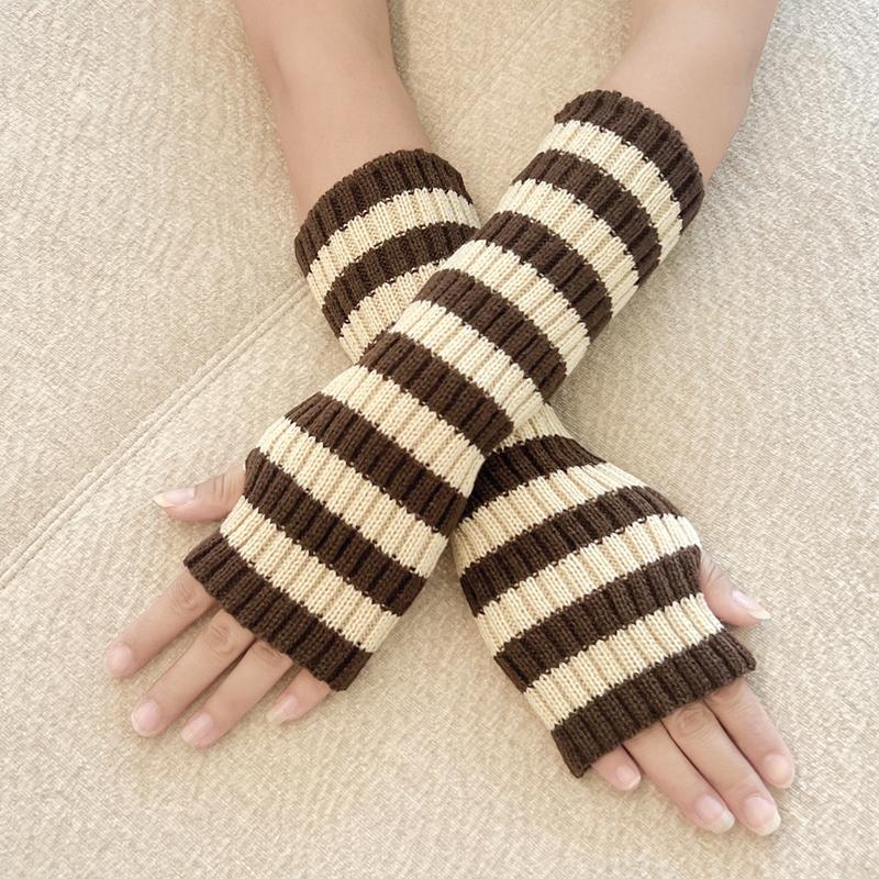 

Женские вязаные полосатые длинные декоративные перчатки без пальцев, согревающие рукава, повседневные мягкие накидки на руки, студенческие митенки с половиной пальца