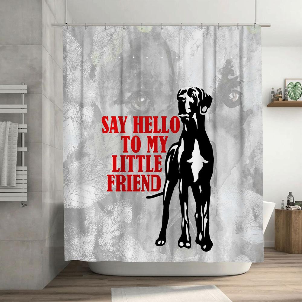 Welcome Your Little Friend: Modern Bathroom Decor Shower Curtain with Dog Silhouette Design in White Red Colors for Home Decorat