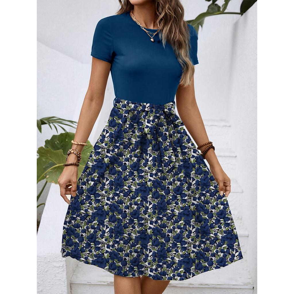 Women's Fashionable Retro Patterned Printing Color Blocked Belt Casual Dress