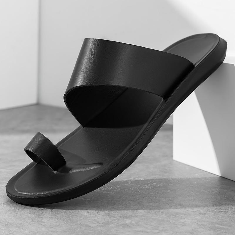 Men's Slippers 2025Summer New Casual Leather Slipper Comfortable Non-Slip Men Flat Sandals Peep Toe Beach Slippers Luxury Slides