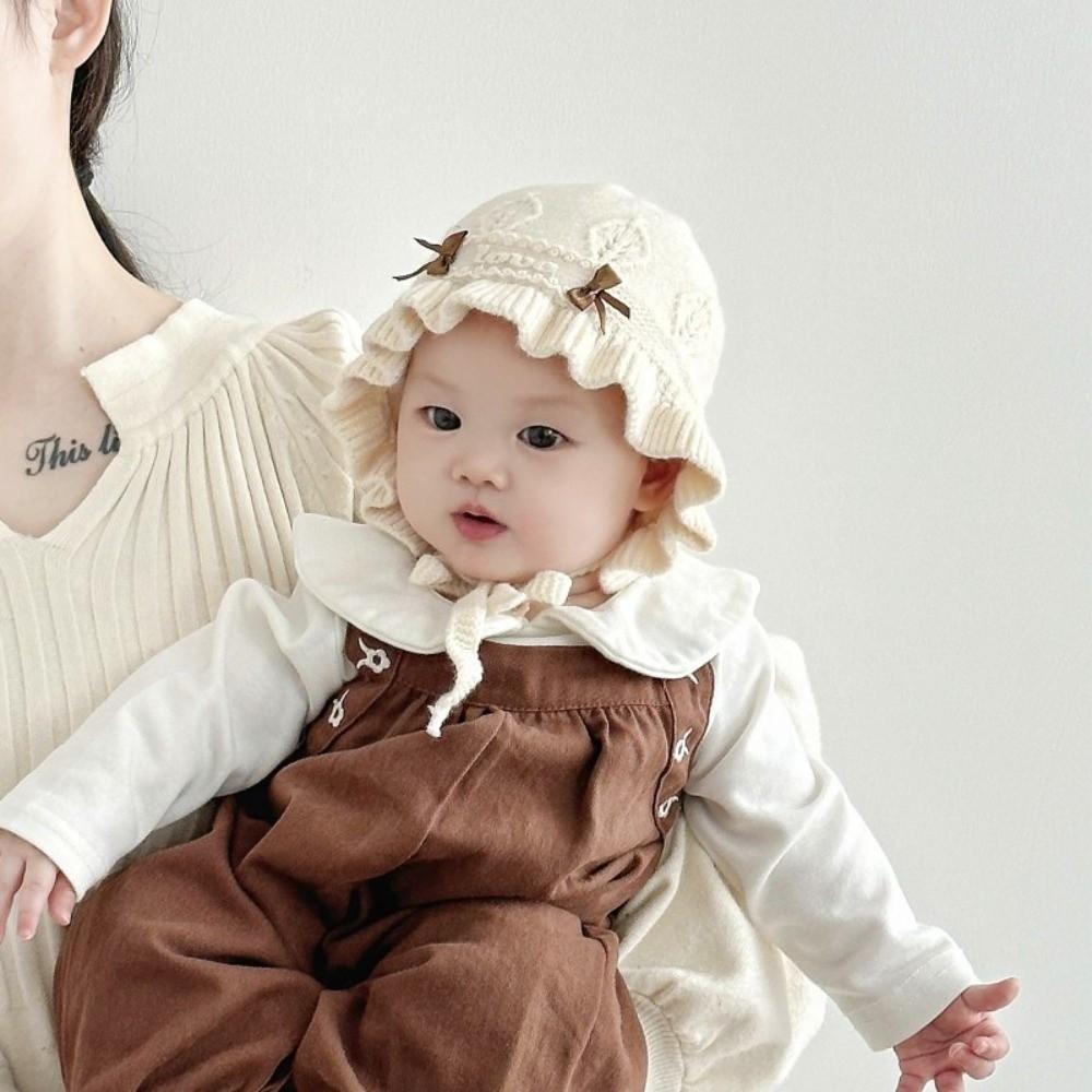 Ruffle Design Newborn Infant Hat Bow Detail Princess Bonnet Hat Soft Warm Hat  For Baby Girls