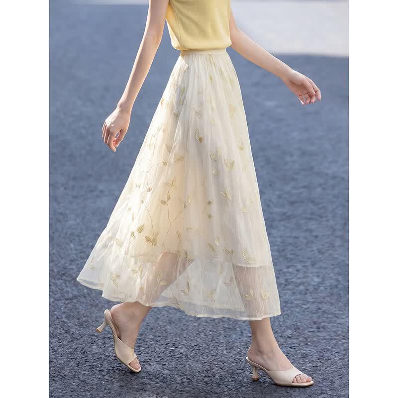 French Style Embroidered Maxi Skirt