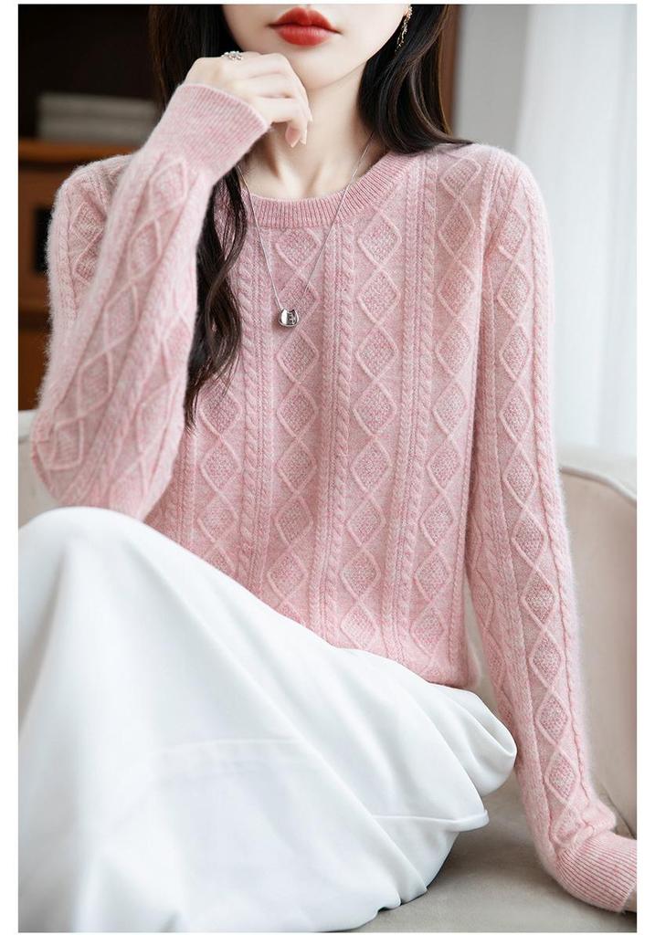 Australian Women's Retro Loose Wool Sweater - Diamond Cable Knit, Round Neck, 100% Pure Thick Wool, Autumn/Winter Collection