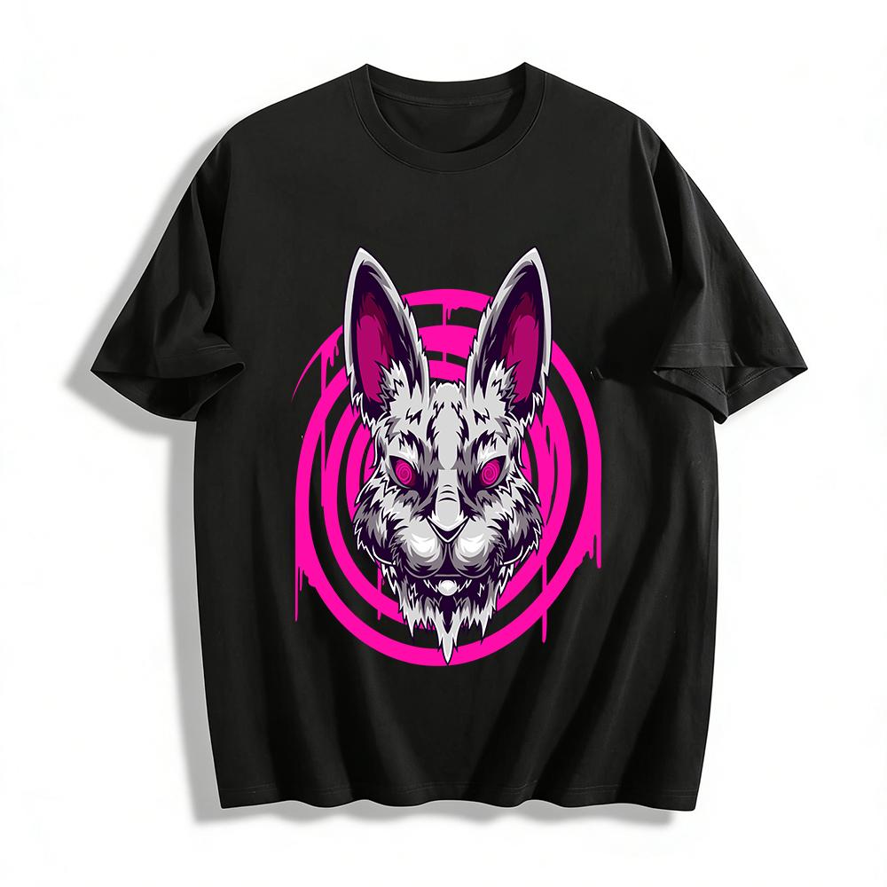 Dark Style Red-Eyed Rabbit Print Cool Trendy Casual Crewneck T-Shirt Pure cotton T-shirt XXS