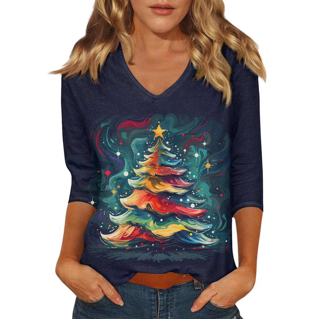 Women's Casual Fashionable Sexy Comfortable V-Neck Christmas Three-Quarter Sleeve Top
