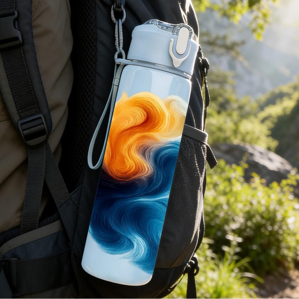 1PC Swirl Blue Orange Cloud Abstract Texture Print 750ml Color Plastic Sports Water Bottle Leakproof Flip Straw Lid Suitable for Sports Office Use