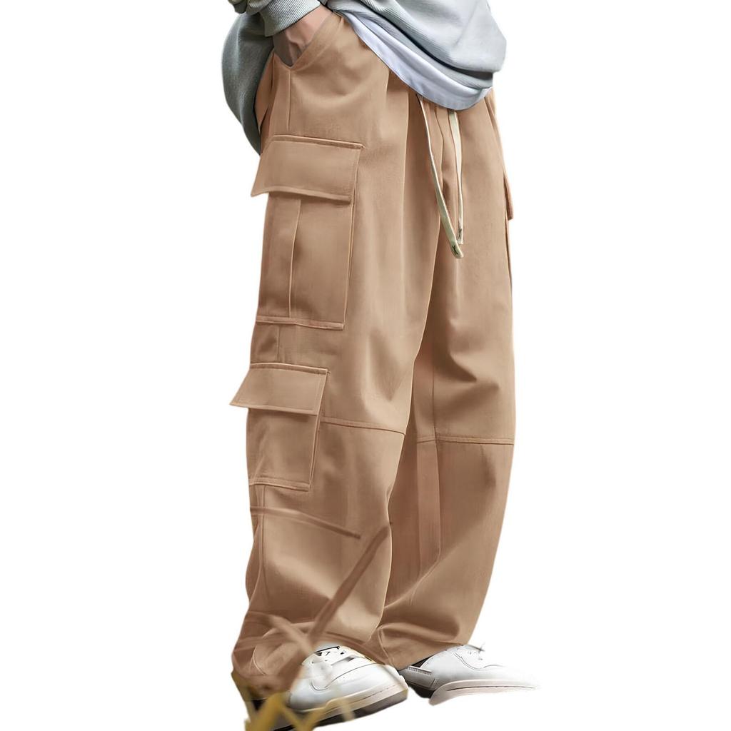 Men's Loose Casual Multi-pocket Work Pants, Youth Stretch Waist Drawstring Pants
