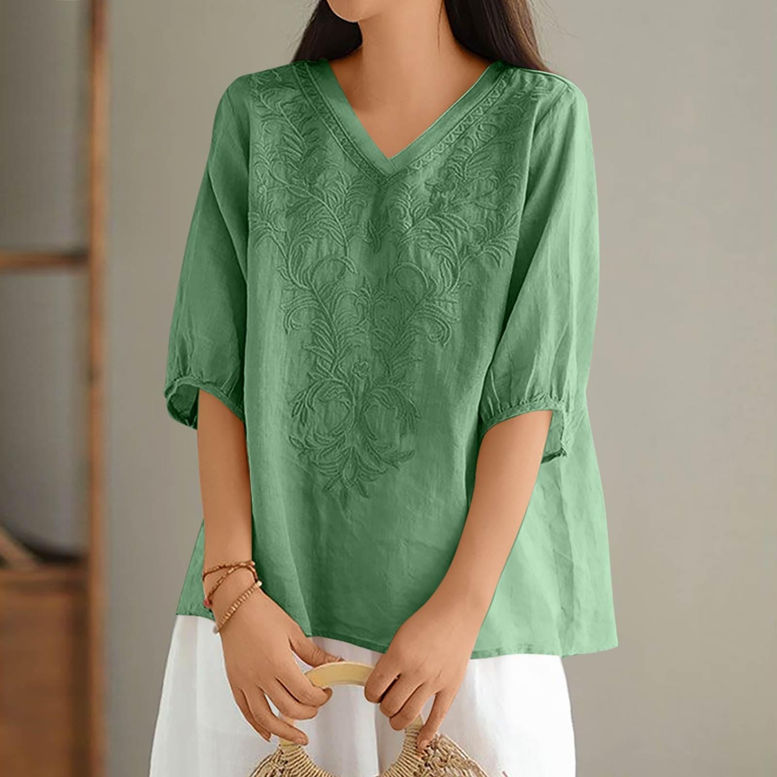 

Женские однотонные винтажные свободные топы из тонкого хлопкового льна с V-образным вырезом, пуловеры M зелёный