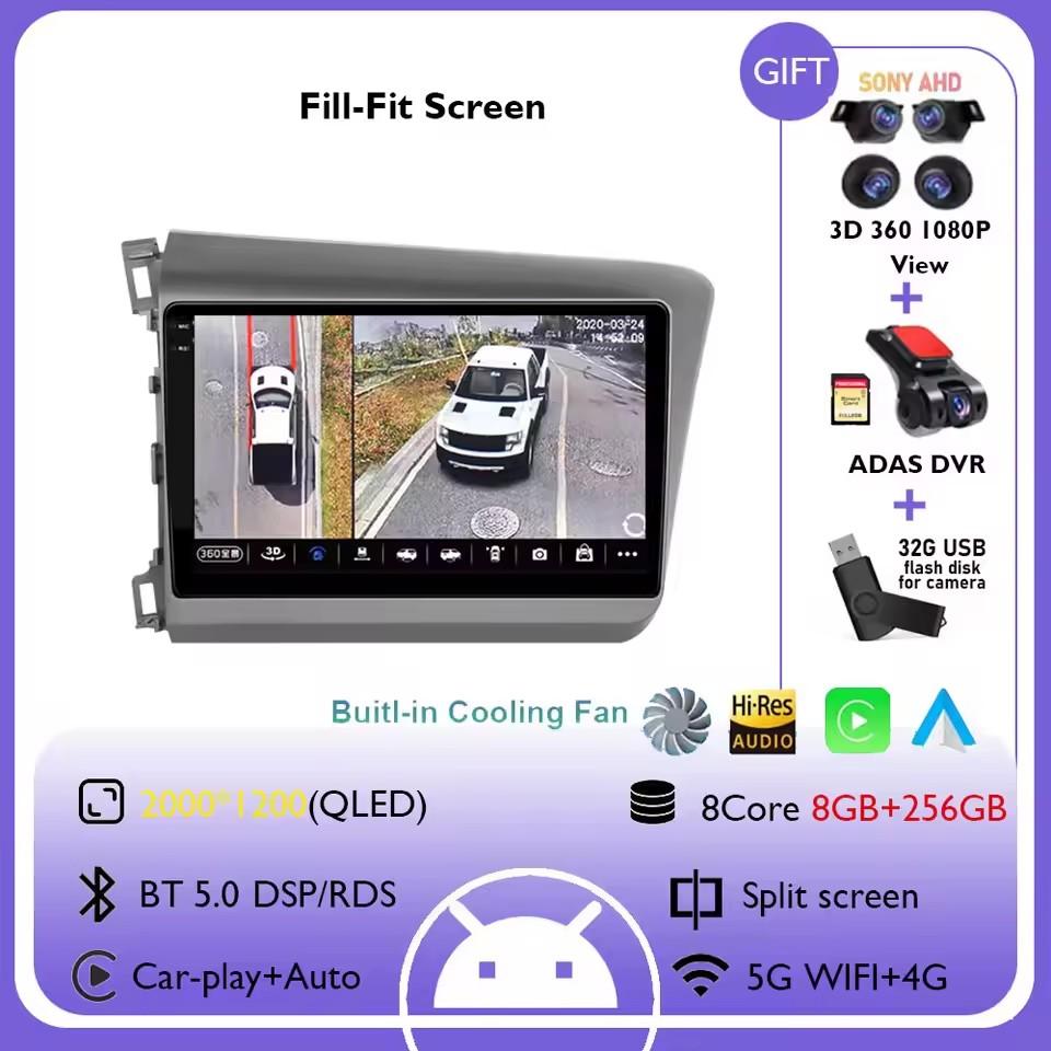 9" Android 14 Car Radio For Honda Civic RHD 2012 2013 2014 2015 Multimedia Player Carplay Auto Stereo GPS Navigation Head Unit