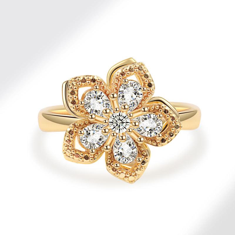 High-quality Custom-made Stylish Gold-plated Copper Ring Simple Cubic Zircon Luxury Gold Bauhinia Women Rotating Accessories
