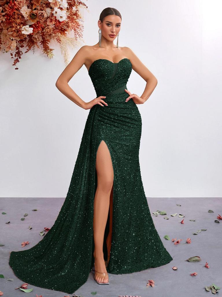Sequined Strapless High-Waisted Mermaid Evening Gown