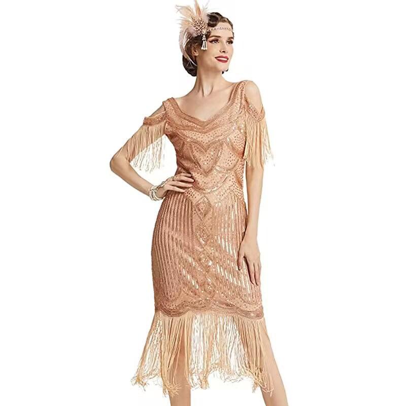 Women's 1920s Gatsby Flapper Dress, Vintage Sequin Fringe V-Neck Cocktail Party Dress