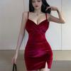 Sweet Spice Girls Golden Velvet Low Chest Suspender Dress Women's Summer Sexy Halter Split Hip Wrap Short Skirt