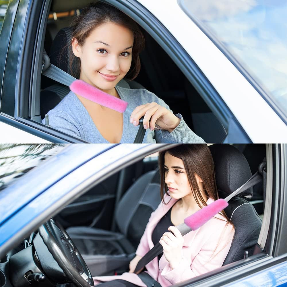 2PCS Fluffy Car Seatbelt Covers - Soft&Comfortable Plush Seat Belt Cushion Protects Shoulder - Universal Seat Belt Covers For Adults Or Children Fits