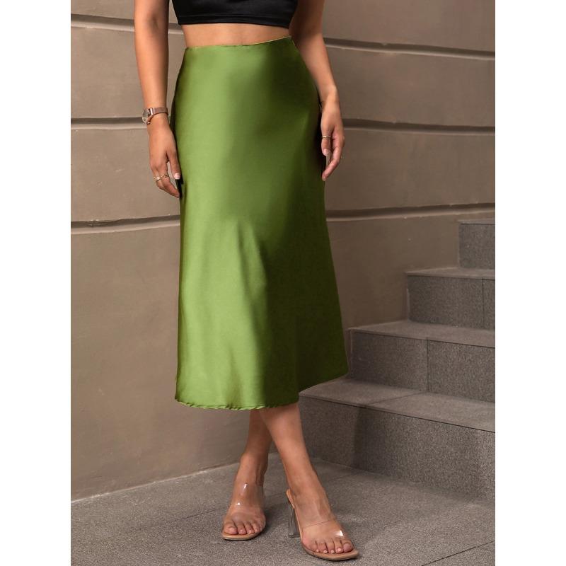 European American Satin Autumn Elegant Style Polyester Mid-length A-line Skirt
