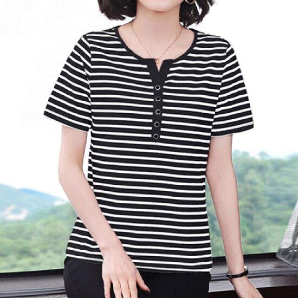 Navava NT1823 Casual STripe BuTTon Trim Neck ShorT Sleeve T shirT