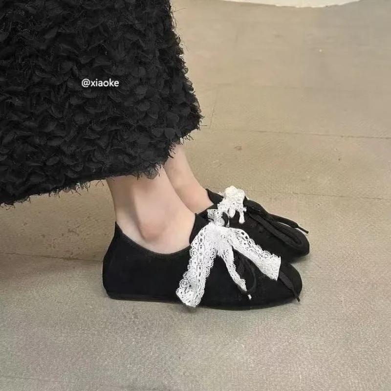 Women's Flat Shoes Bow Tie Lace Suede Ladies Shoes Versatile Comfortable Square Toe Spring and Autumn New Zapatillas De Mujer