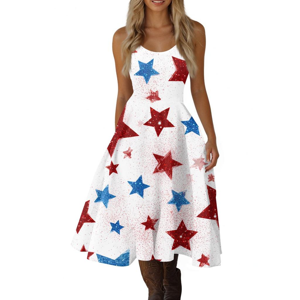 Women's Casual Fashion Independence Day Print V-Neck Retro Sleeveless Dress