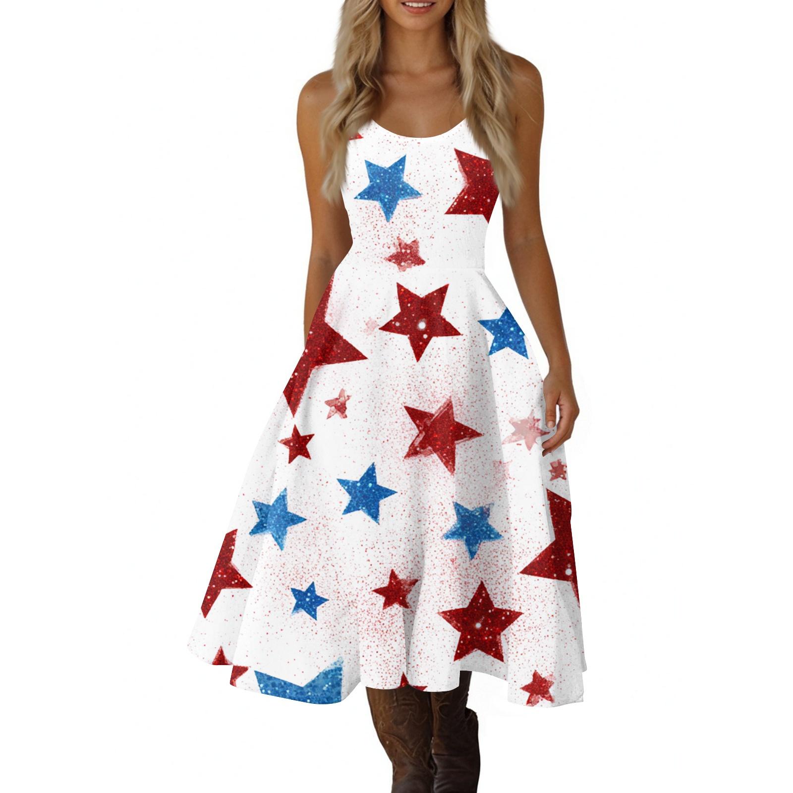 Women Sleeveless Spaghetti Strap Dress with Print Vintage Style Flared A Line Casual Sundress for Summer M