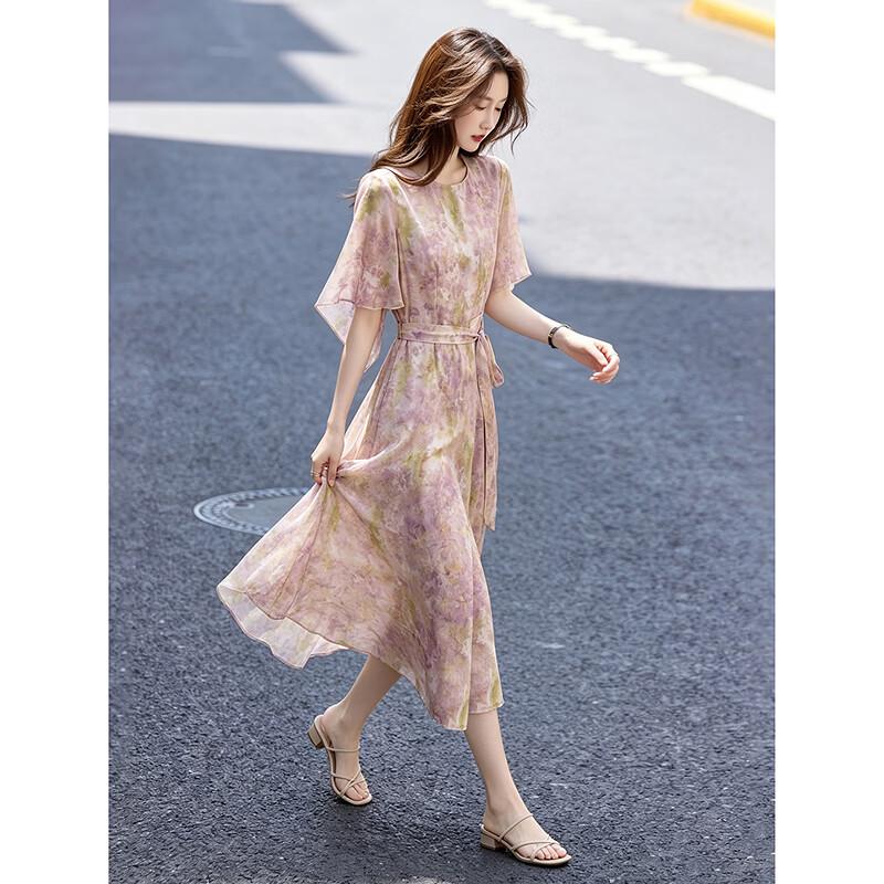 Elegant French Style Floral Print Tie-Waist Short Sleeve Long Dress S розовый