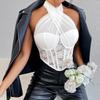 Mesh Lace Flower Corset Transparent Neck Halter Crop Tops Fishbone Corset Camisole  Spring Summer