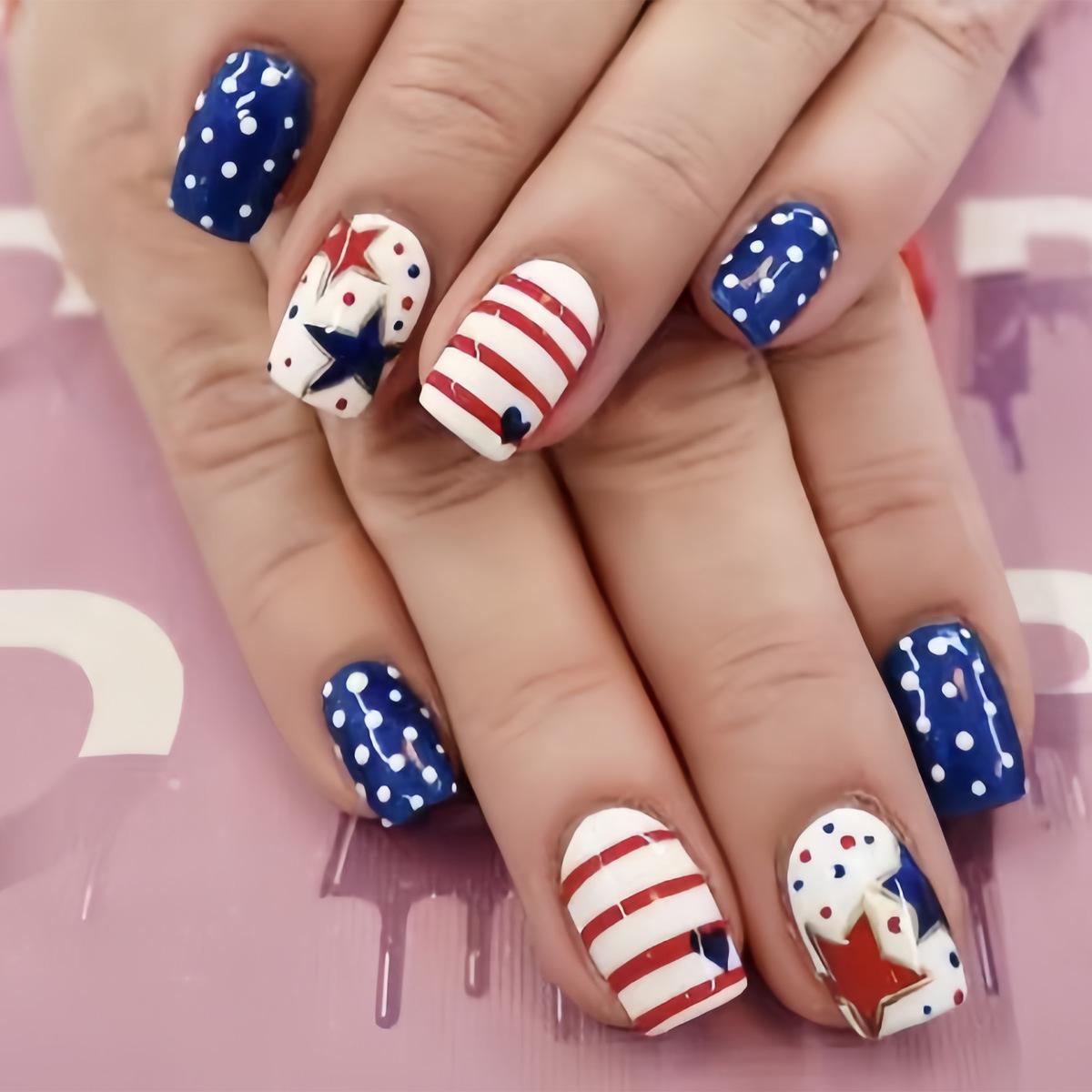

Patriotic Nails: Red, White & Blue Stripes with Stars for Independence Day