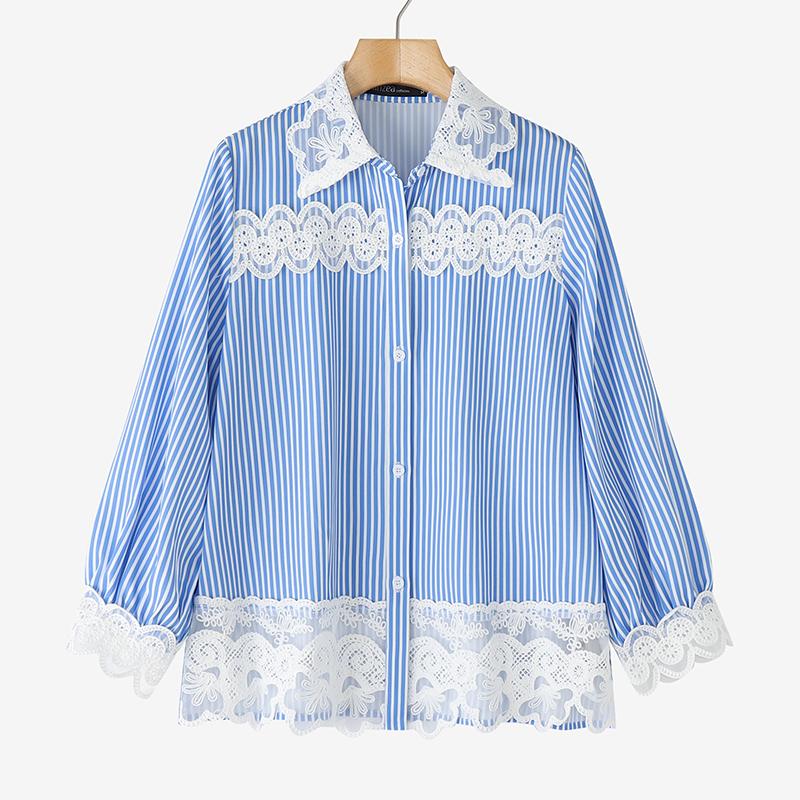 ZANZEA Women Casual Lace Patchwork Loose Long Sleeve Stripe Blouse